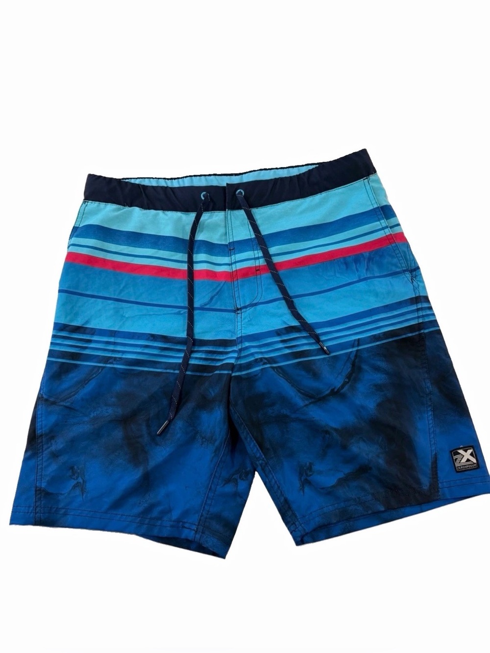 ZeroXposur Men’s Striped Swim Shorts Size M Blue/Light Blue/Red Lined Pockets